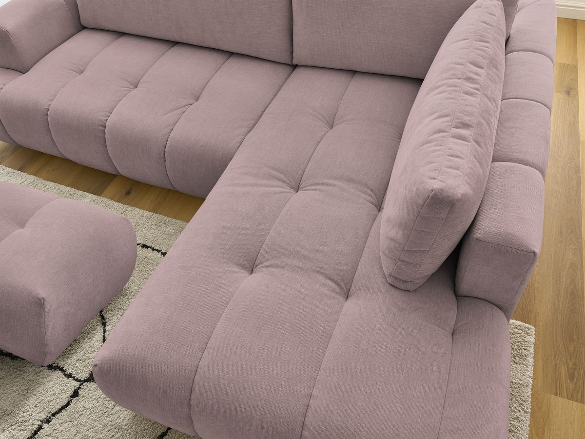 Canapé d'angle L convertible FUJI tissu lisse avec pouf