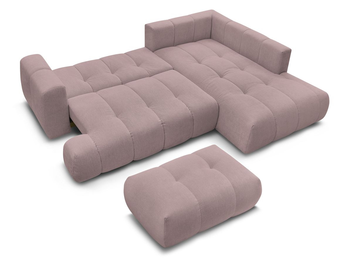 Canapé d'angle L convertible FUJI tissu lisse avec pouf