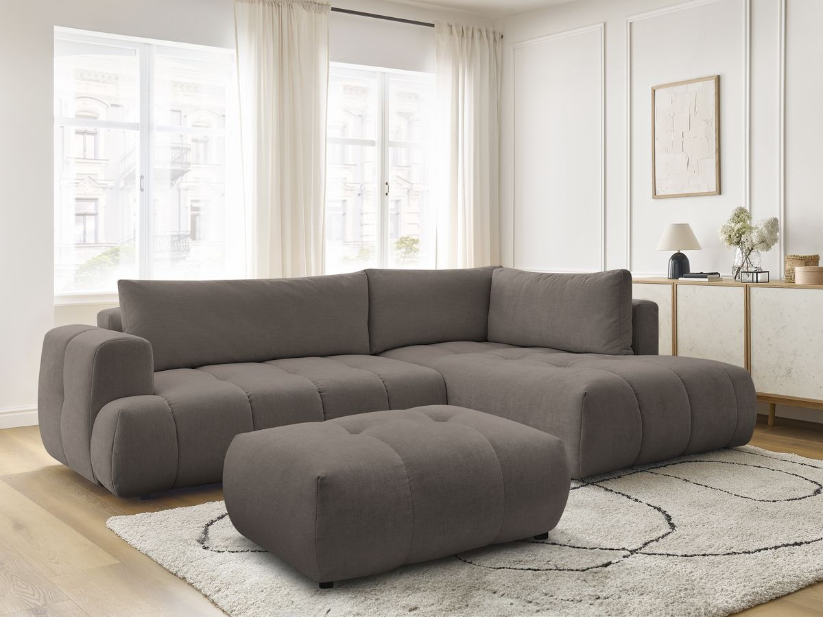 Canapé d'angle L convertible FUJI tissu lisse avec pouf