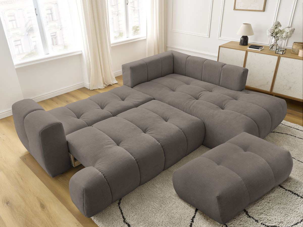 Canapé d'angle L convertible FUJI tissu lisse avec pouf