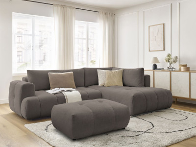Canapé d'angle L convertible FUJI tissu lisse avec pouf