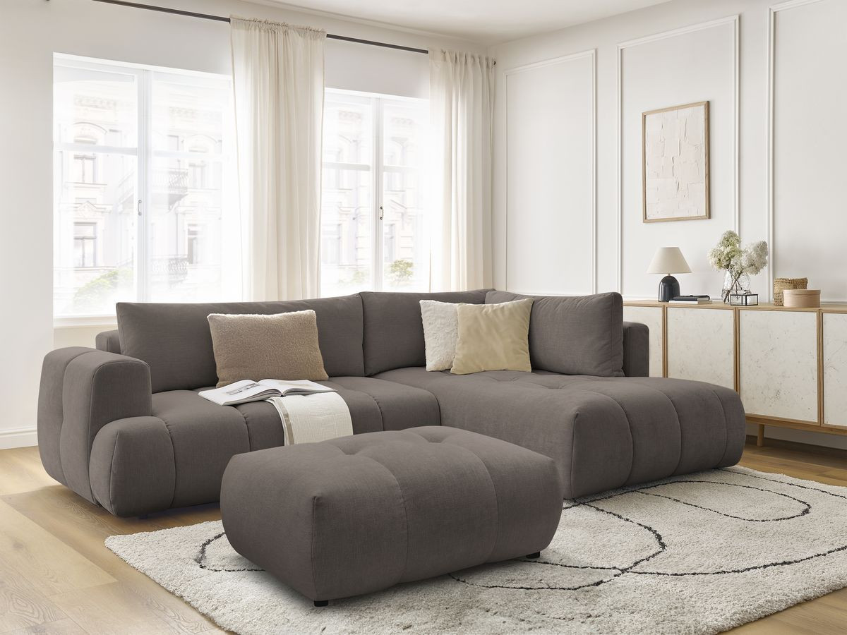 Canapé d'angle L convertible FUJI tissu lisse avec pouf