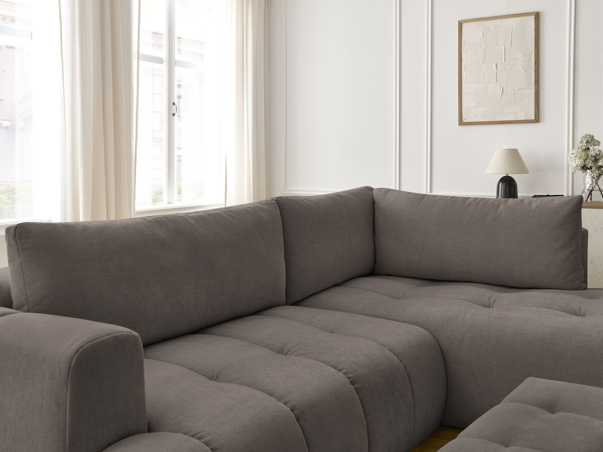 Canapé d'angle L convertible FUJI tissu lisse avec pouf