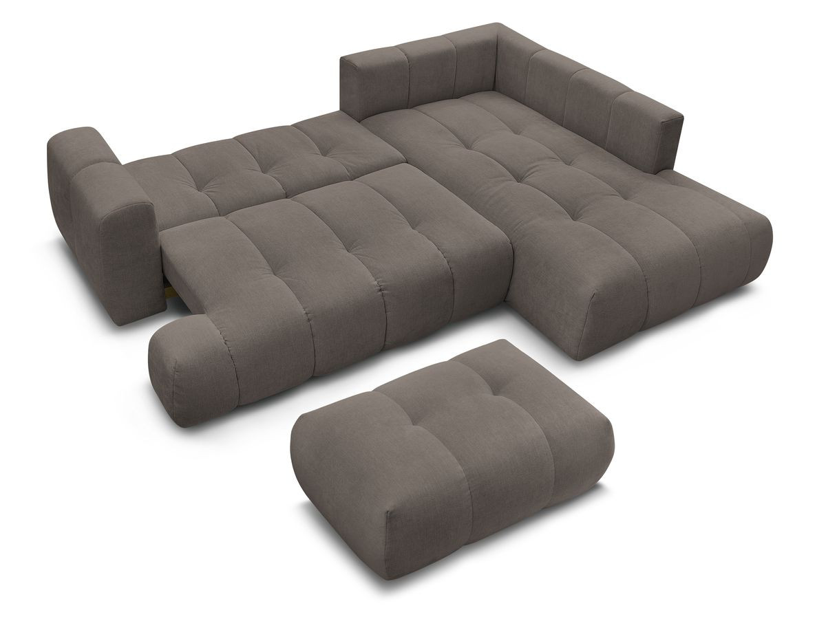 Canapé d'angle L convertible FUJI tissu lisse avec pouf
