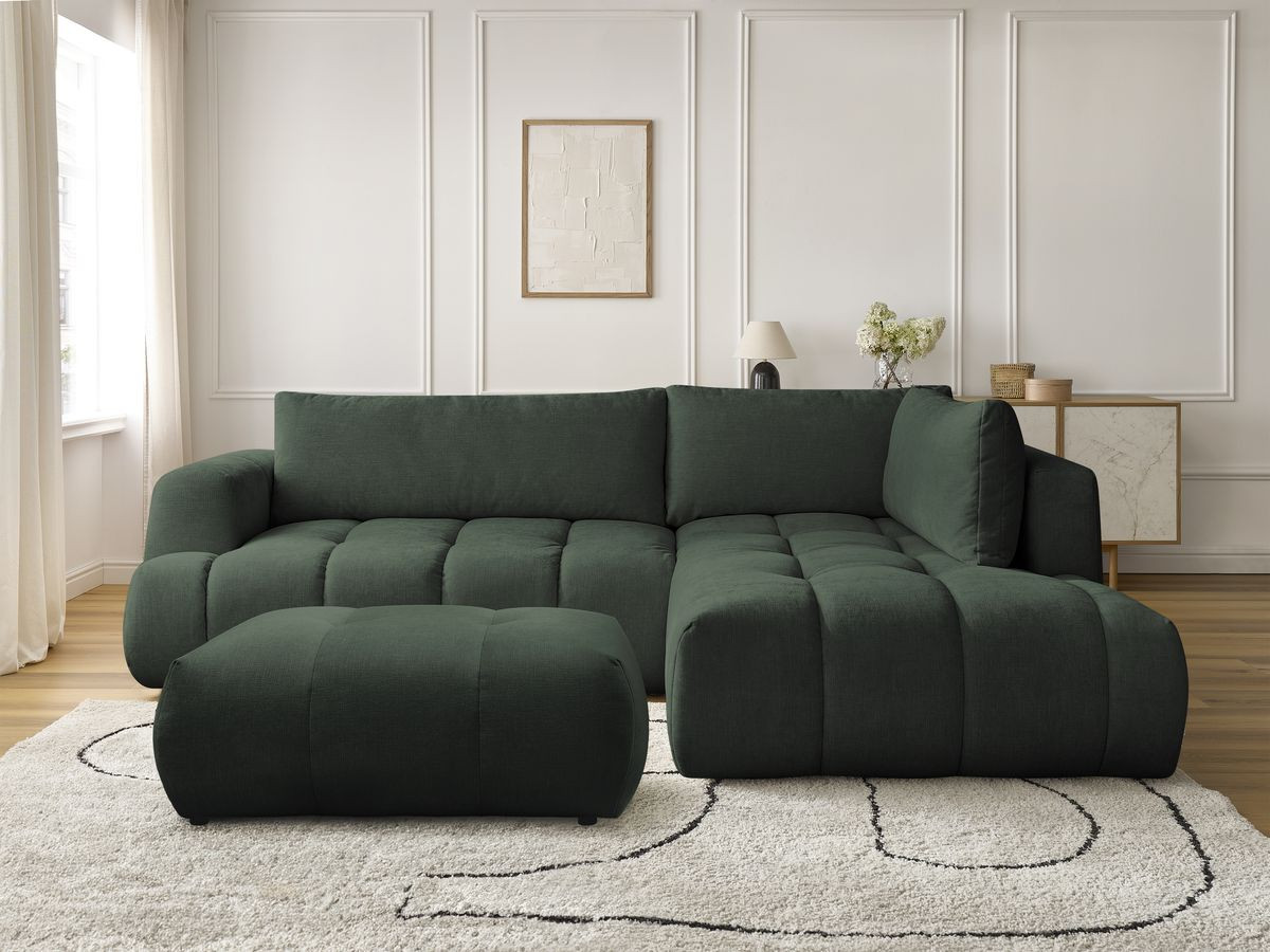Canapé d'angle L convertible FUJI lisse avec pouf vert — vue 5