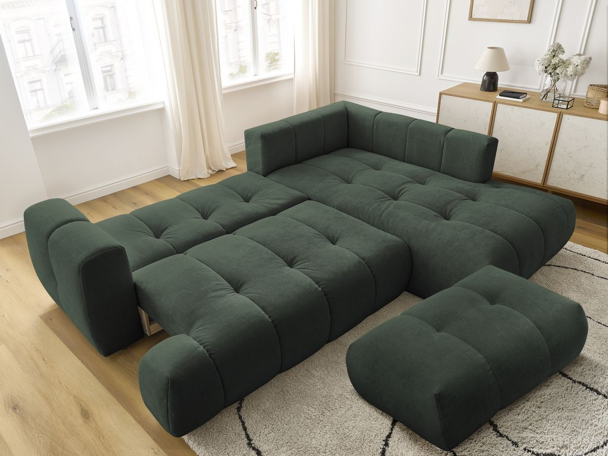 Canapé d'angle L convertible FUJI tissu lisse avec pouf