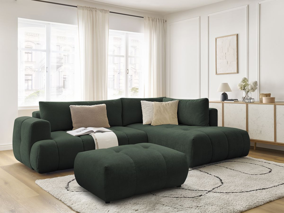 Canapé d'angle L convertible FUJI tissu lisse avec pouf