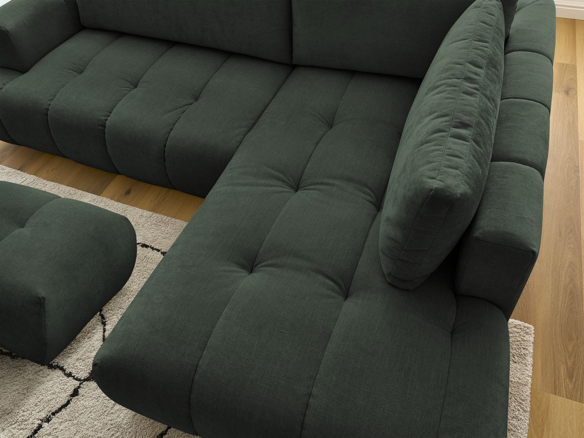 Canapé d'angle L convertible FUJI tissu lisse avec pouf