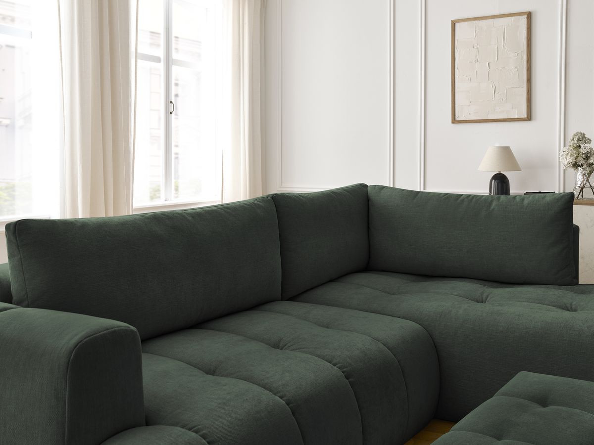 Canapé d'angle L convertible FUJI tissu lisse avec pouf