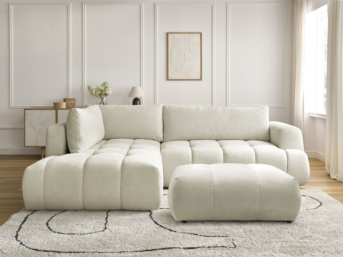 Canapé d'angle L convertible FUJI lisse avec pouf beige — vue 5