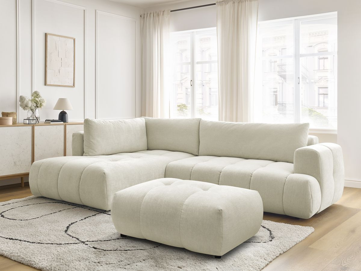 Canapé d'angle L convertible FUJI tissu lisse avec pouf
