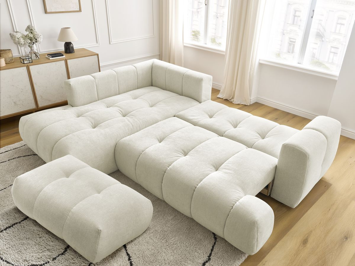 Canapé d'angle L convertible FUJI tissu lisse avec pouf