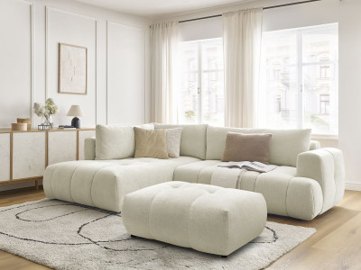 Canapé d'angle L convertible FUJI tissu lisse avec pouf