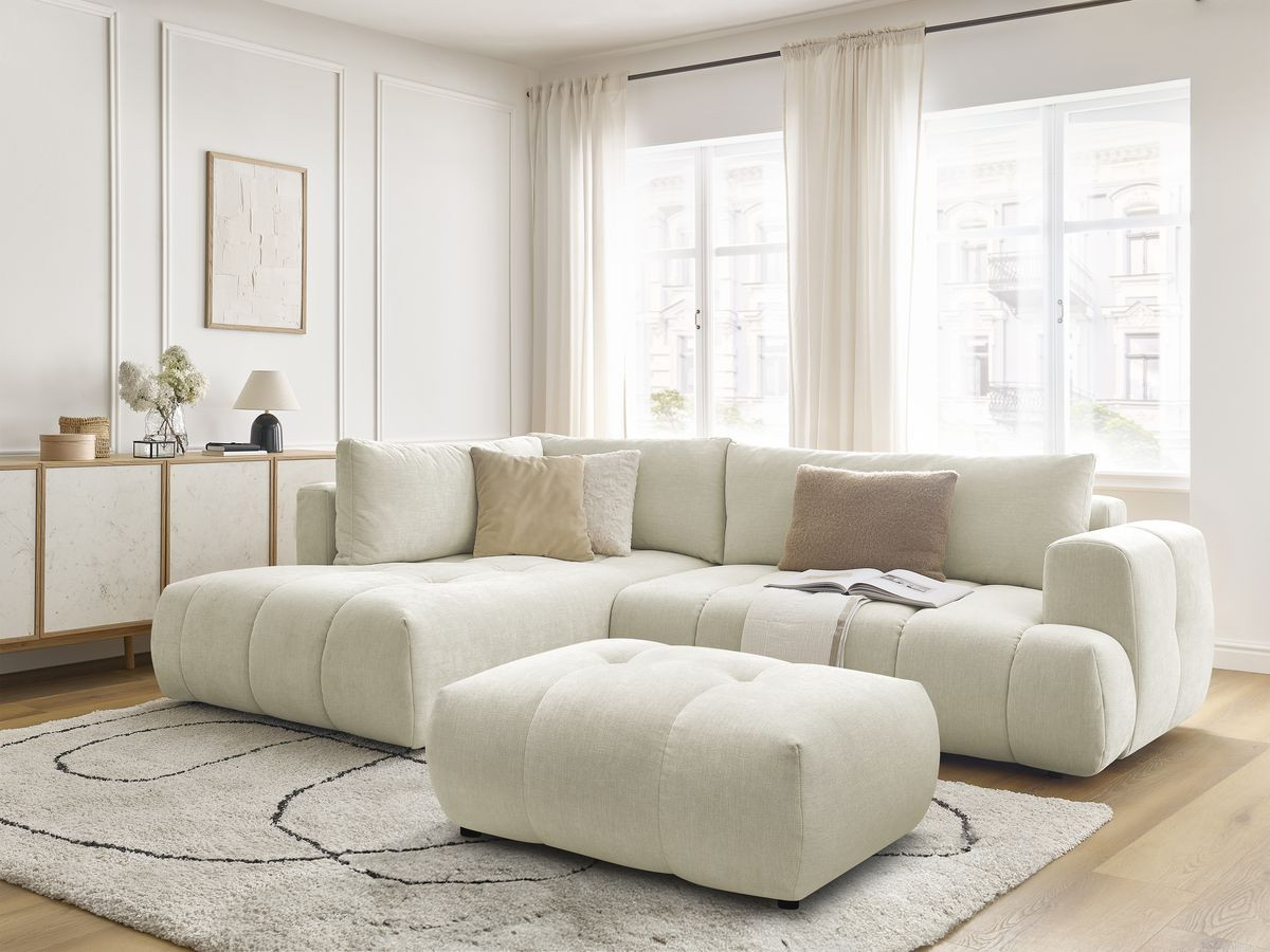 Canapé d'angle L convertible FUJI tissu lisse avec pouf
