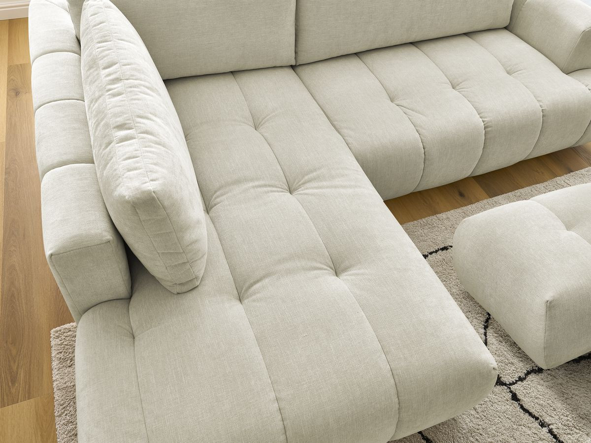 Canapé d'angle L convertible FUJI tissu lisse avec pouf