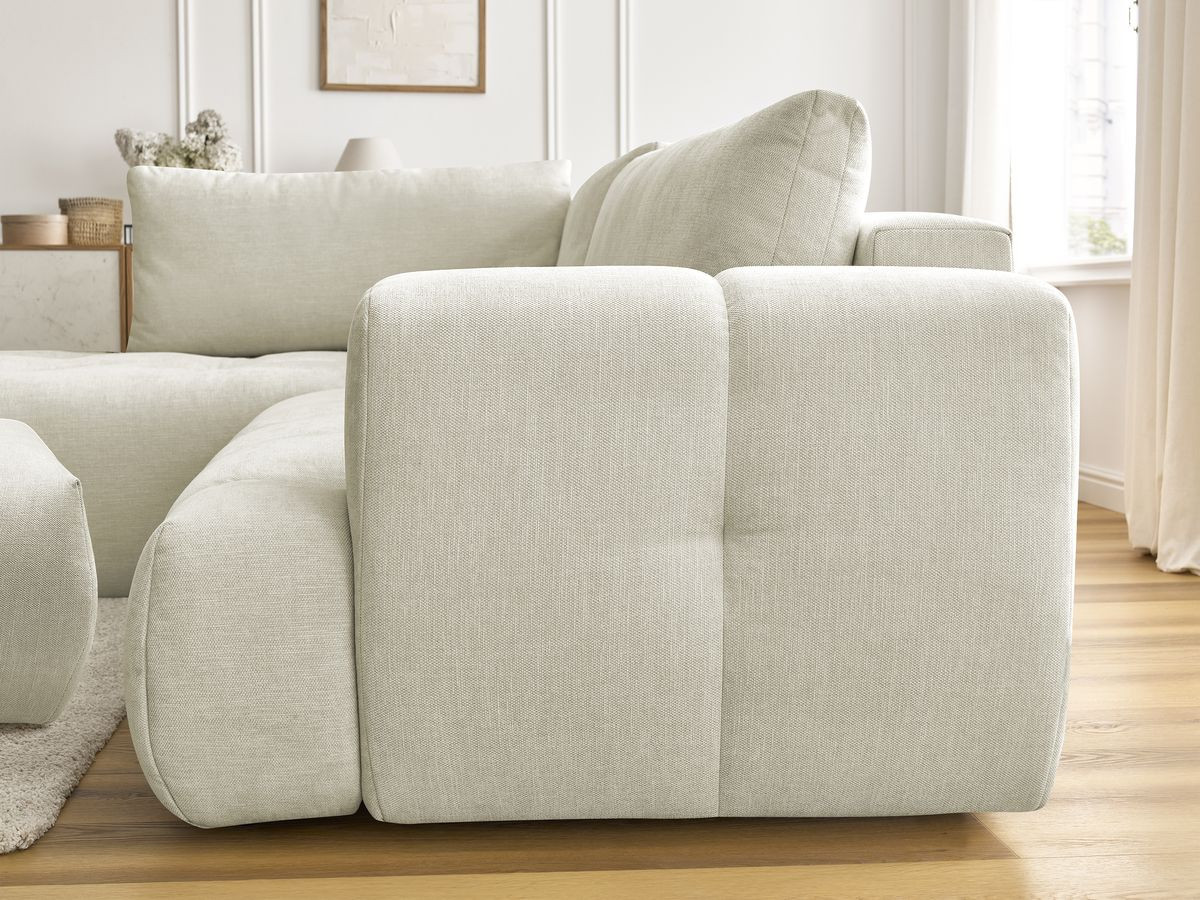 Canapé d'angle L convertible FUJI tissu lisse avec pouf