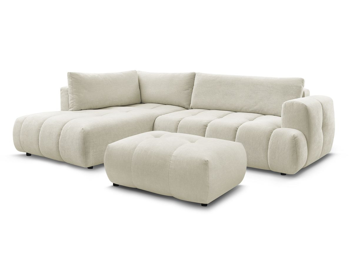 Canapé d'angle L convertible FUJI tissu lisse avec pouf