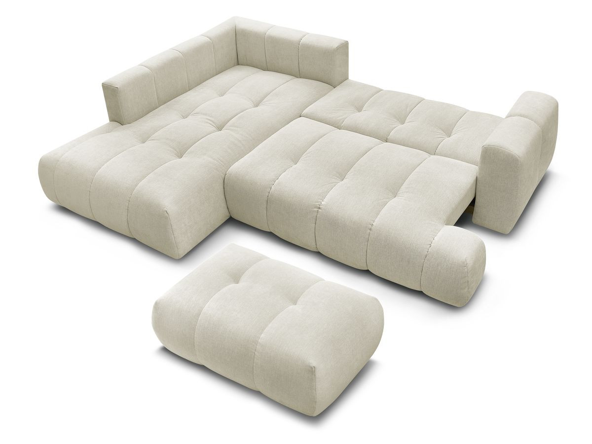 Canapé d'angle L convertible FUJI tissu lisse avec pouf