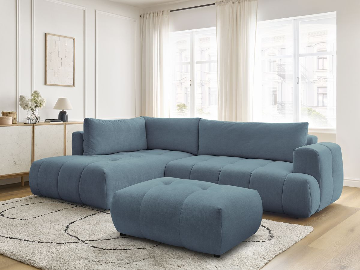 Canapé d'angle L convertible FUJI tissu lisse avec pouf