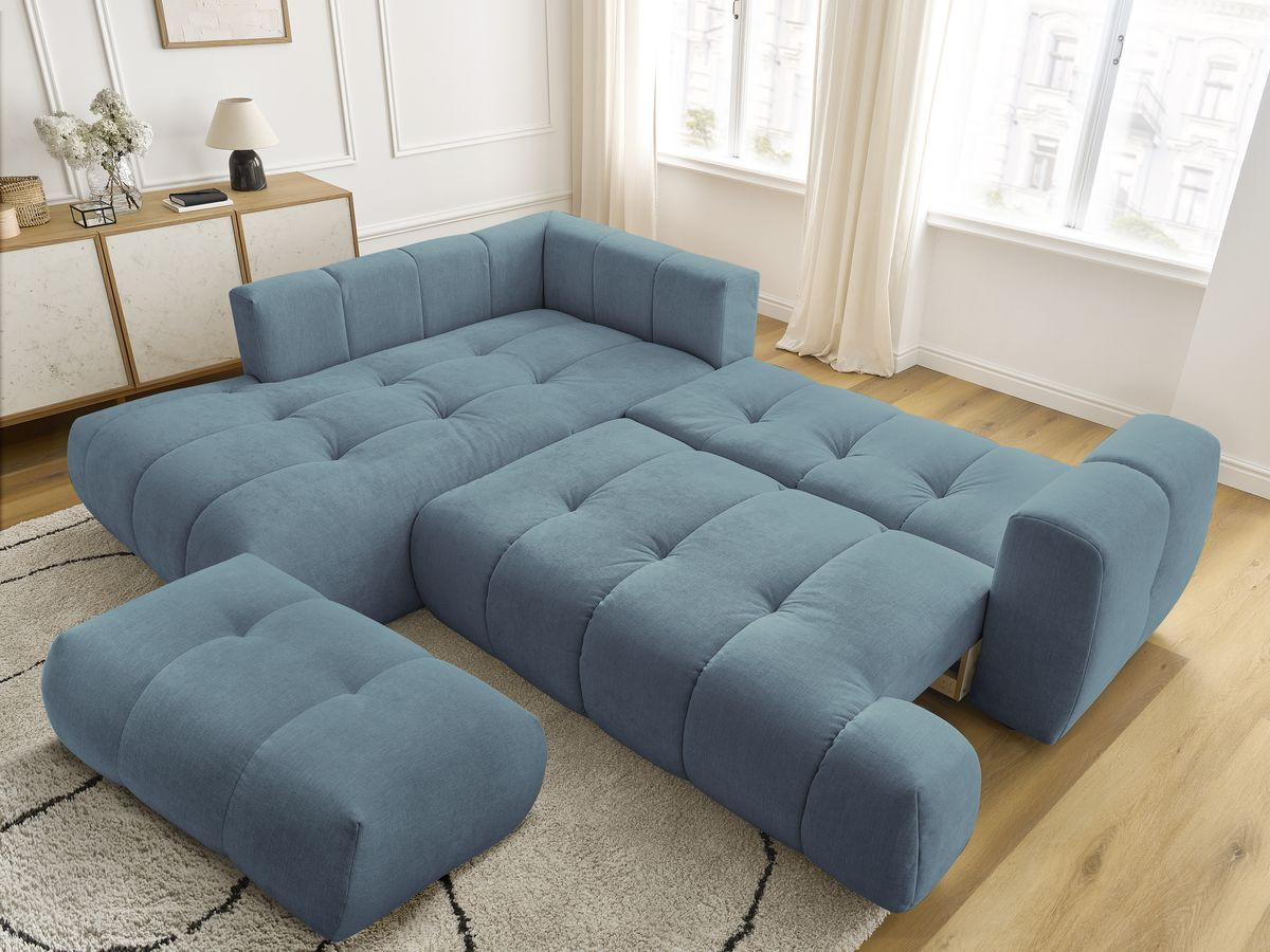 Canapé d'angle L convertible FUJI tissu lisse avec pouf