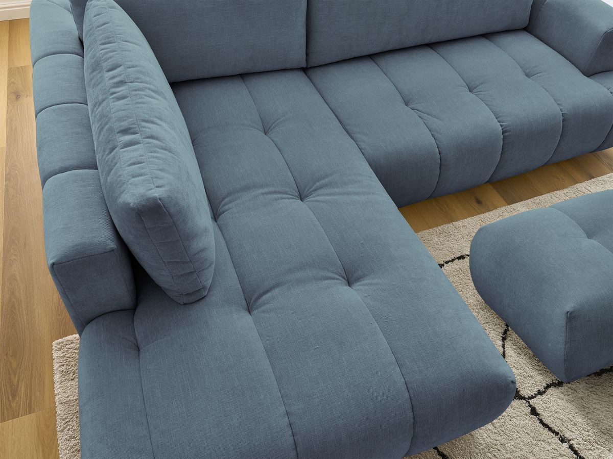 Canapé d'angle L convertible FUJI tissu lisse avec pouf