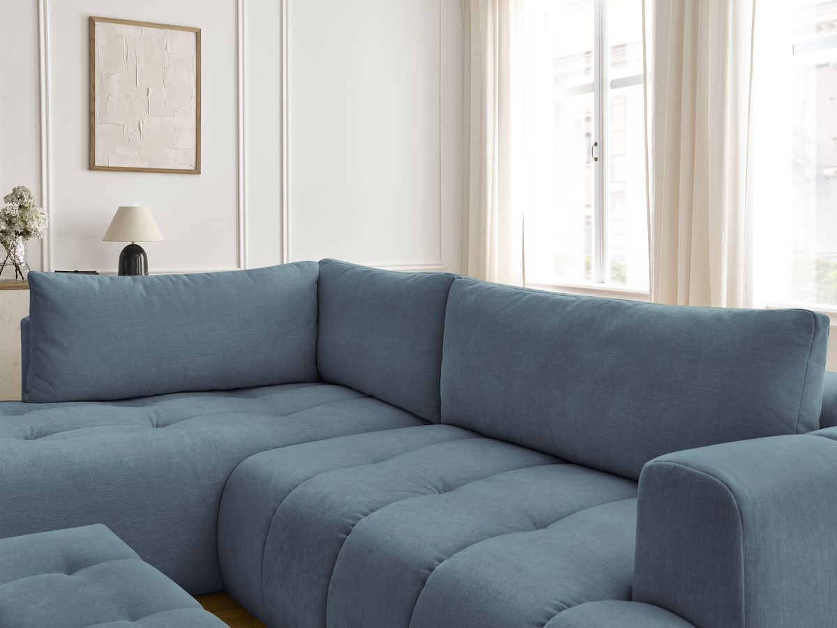 Canapé d'angle L convertible FUJI tissu lisse avec pouf