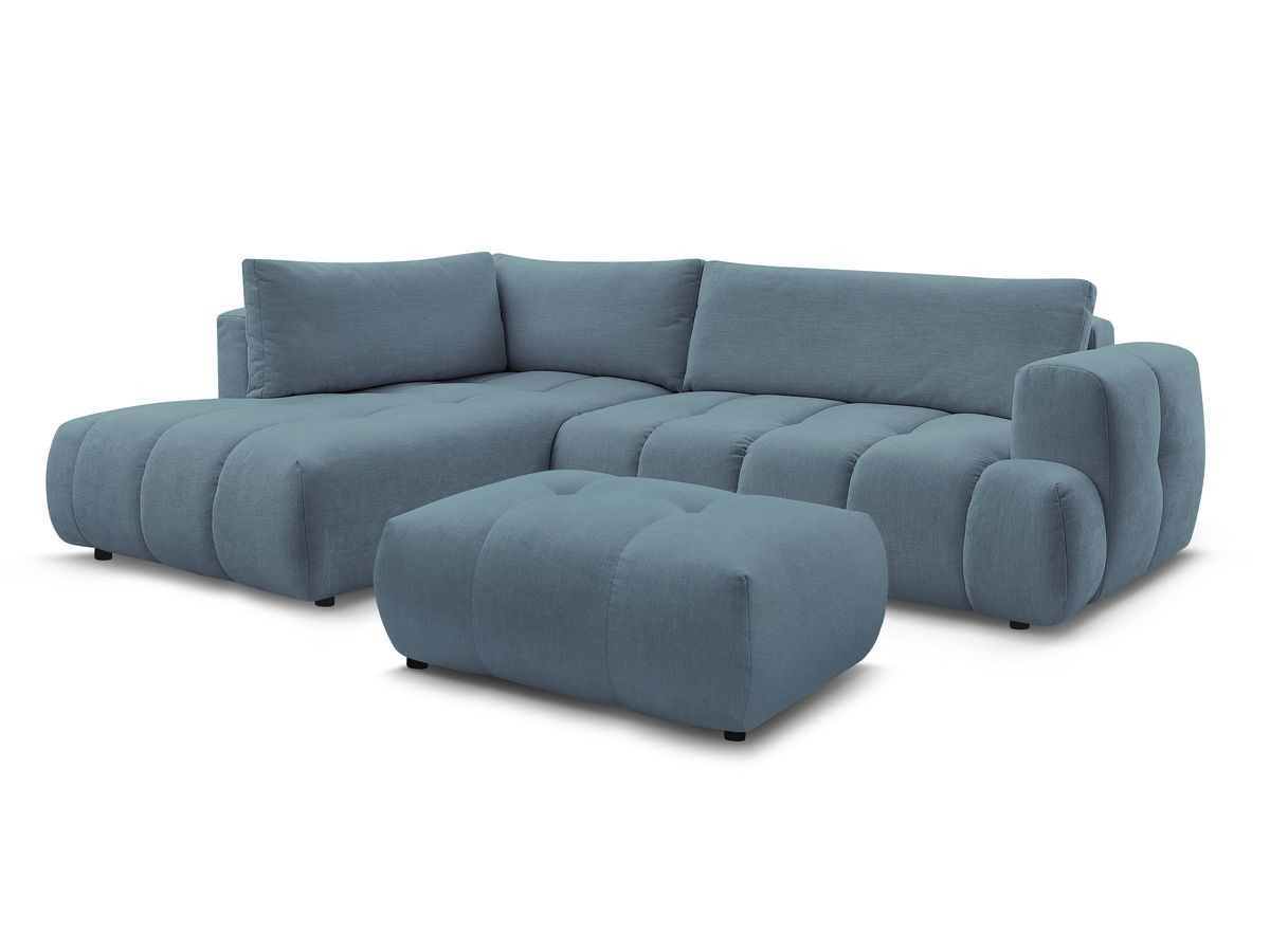 canapé d'angle l convertible fuji tissu lisse avec pouf de couleur bleu clair