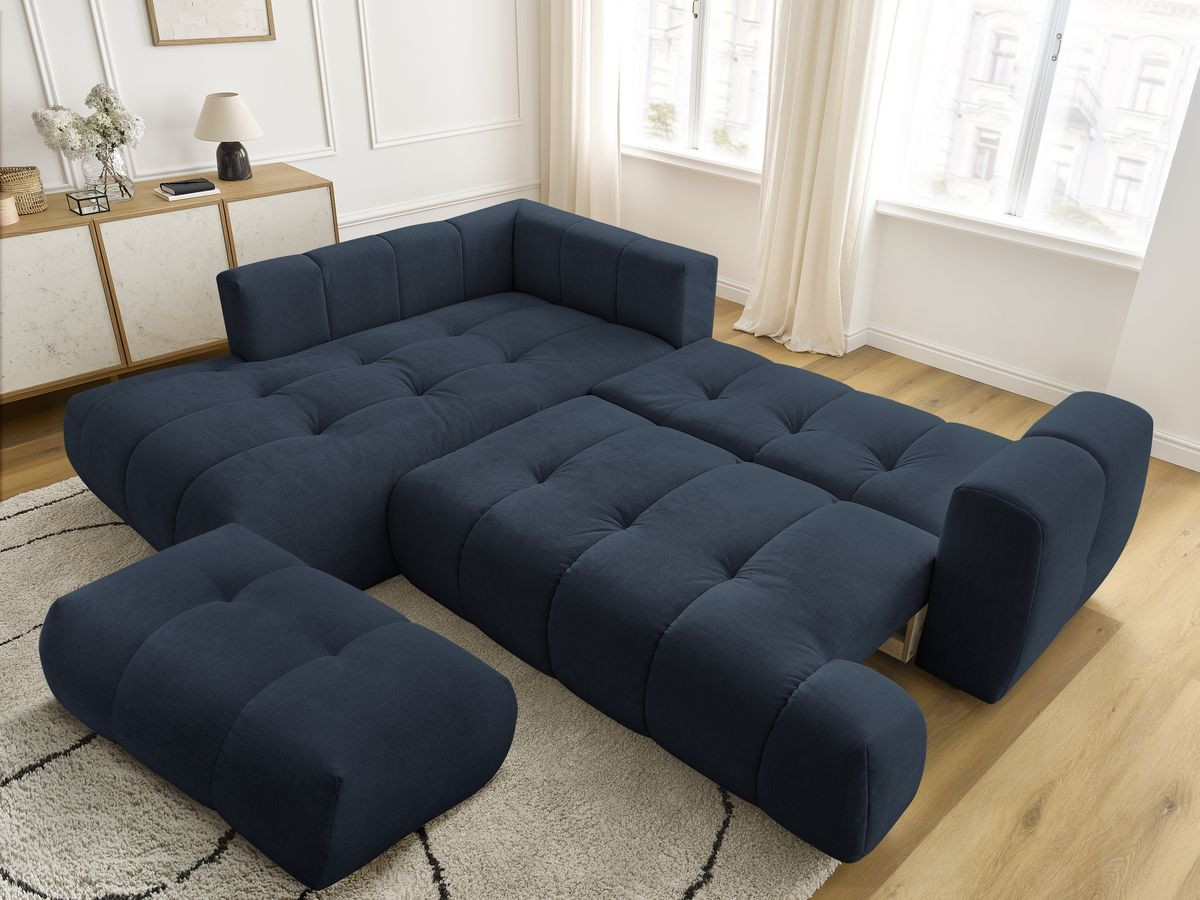 Canapé d'angle L convertible FUJI tissu lisse avec pouf