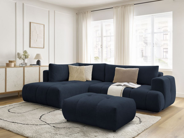 Canapé d'angle L convertible FUJI tissu lisse avec pouf