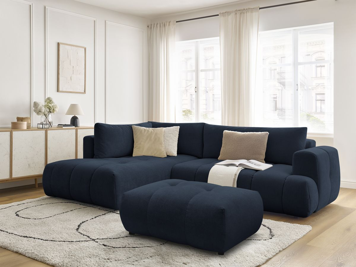 Canapé d'angle L convertible FUJI tissu lisse avec pouf