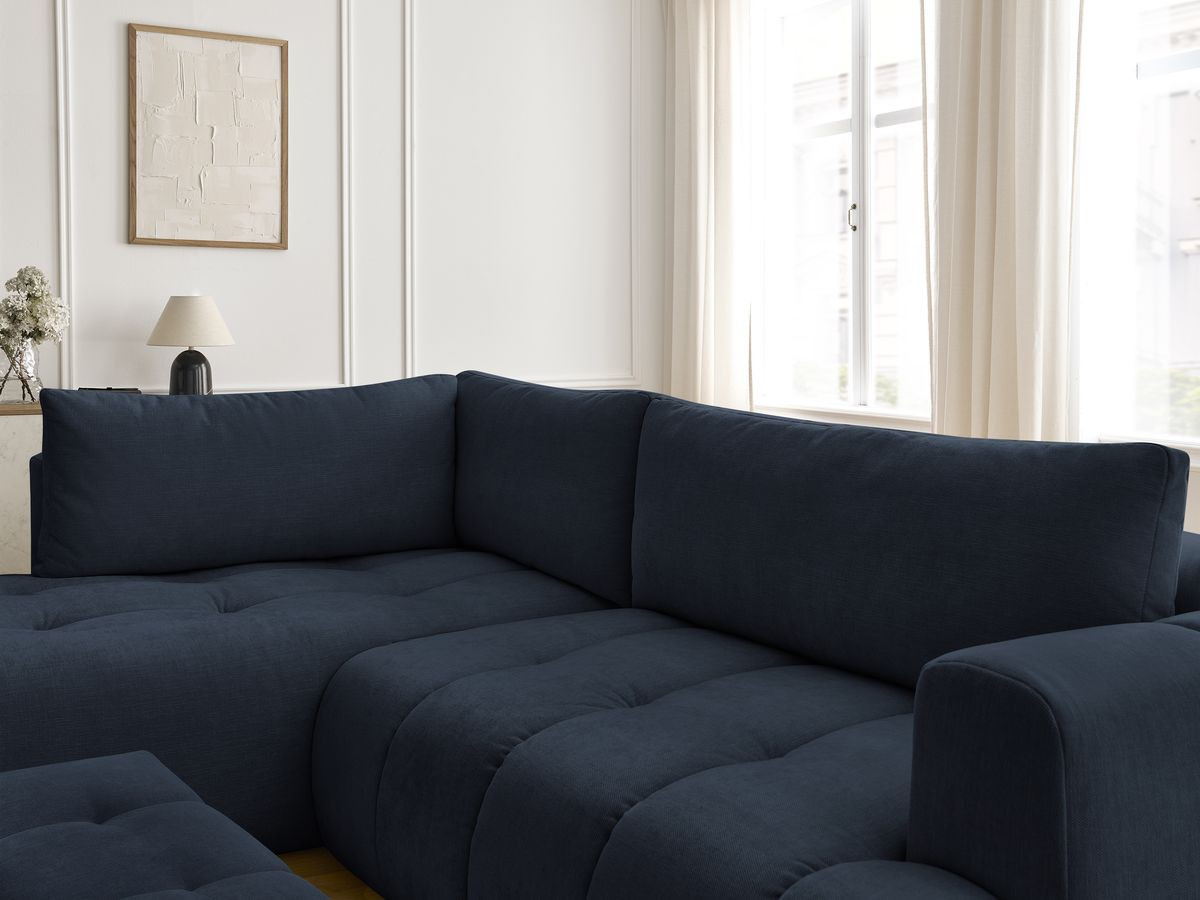 Canapé d'angle L convertible FUJI tissu lisse avec pouf