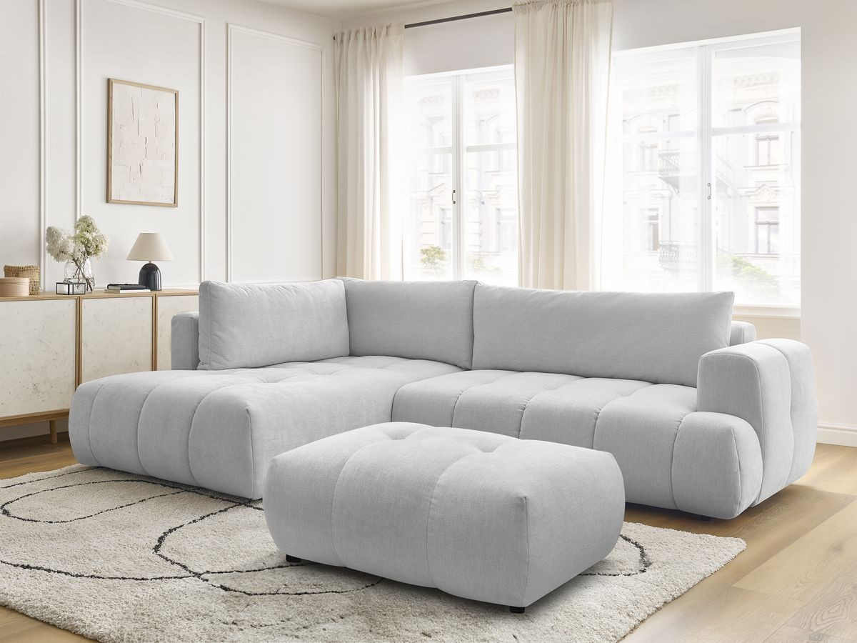 Canapé d'angle L convertible FUJI tissu lisse avec pouf