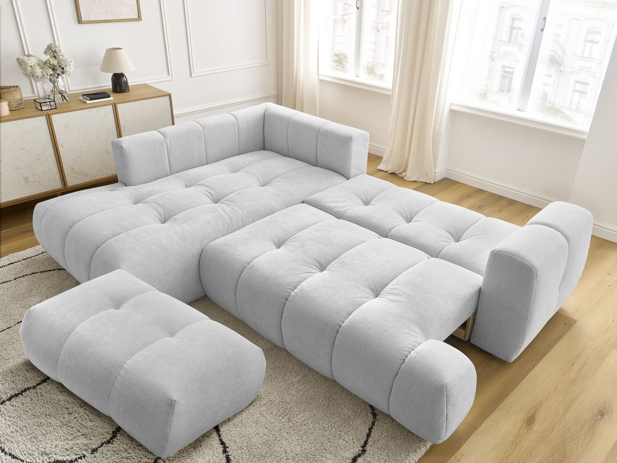 Canapé d'angle L convertible FUJI tissu lisse avec pouf