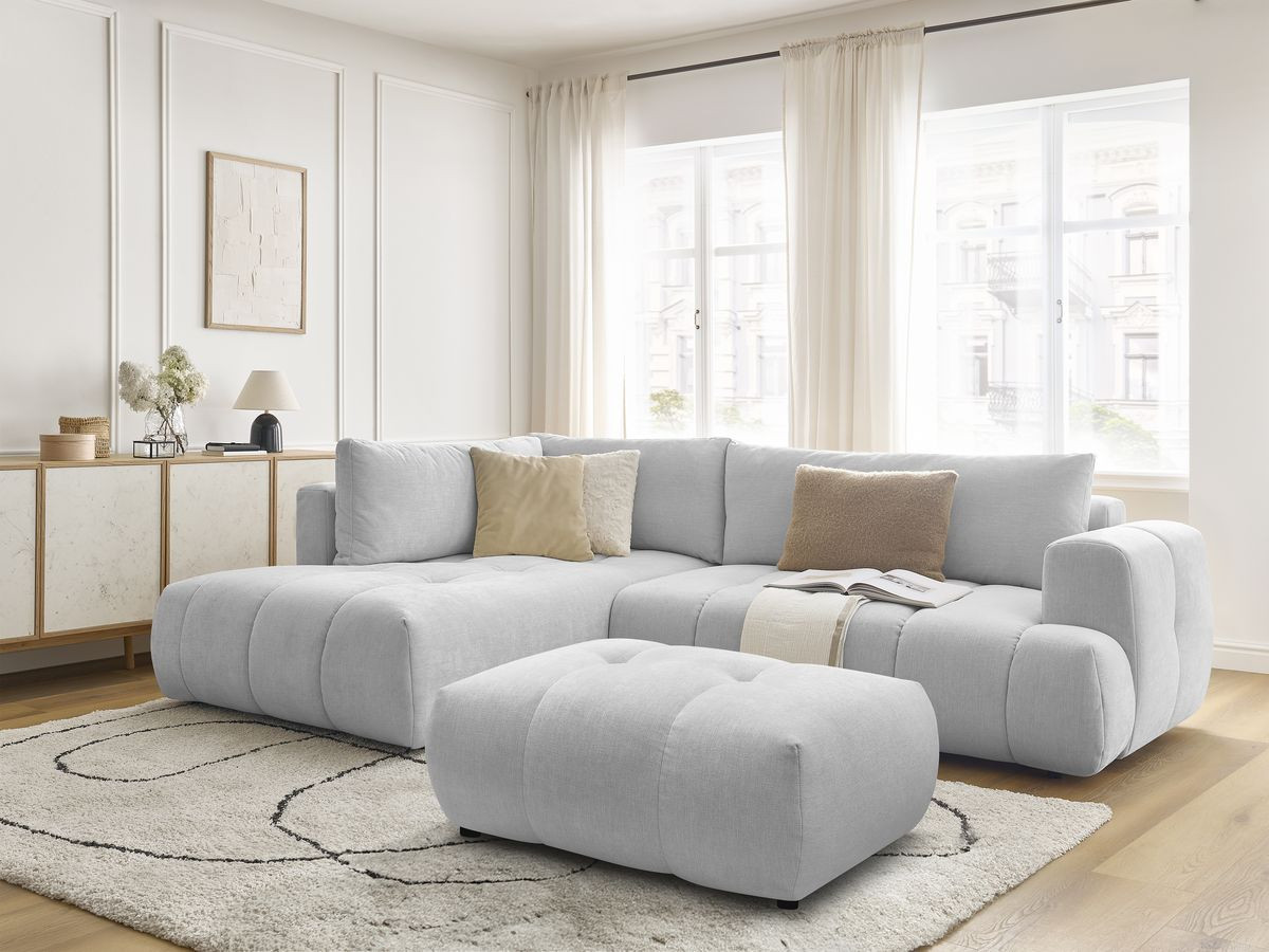 Canapé d'angle L convertible FUJI tissu lisse avec pouf