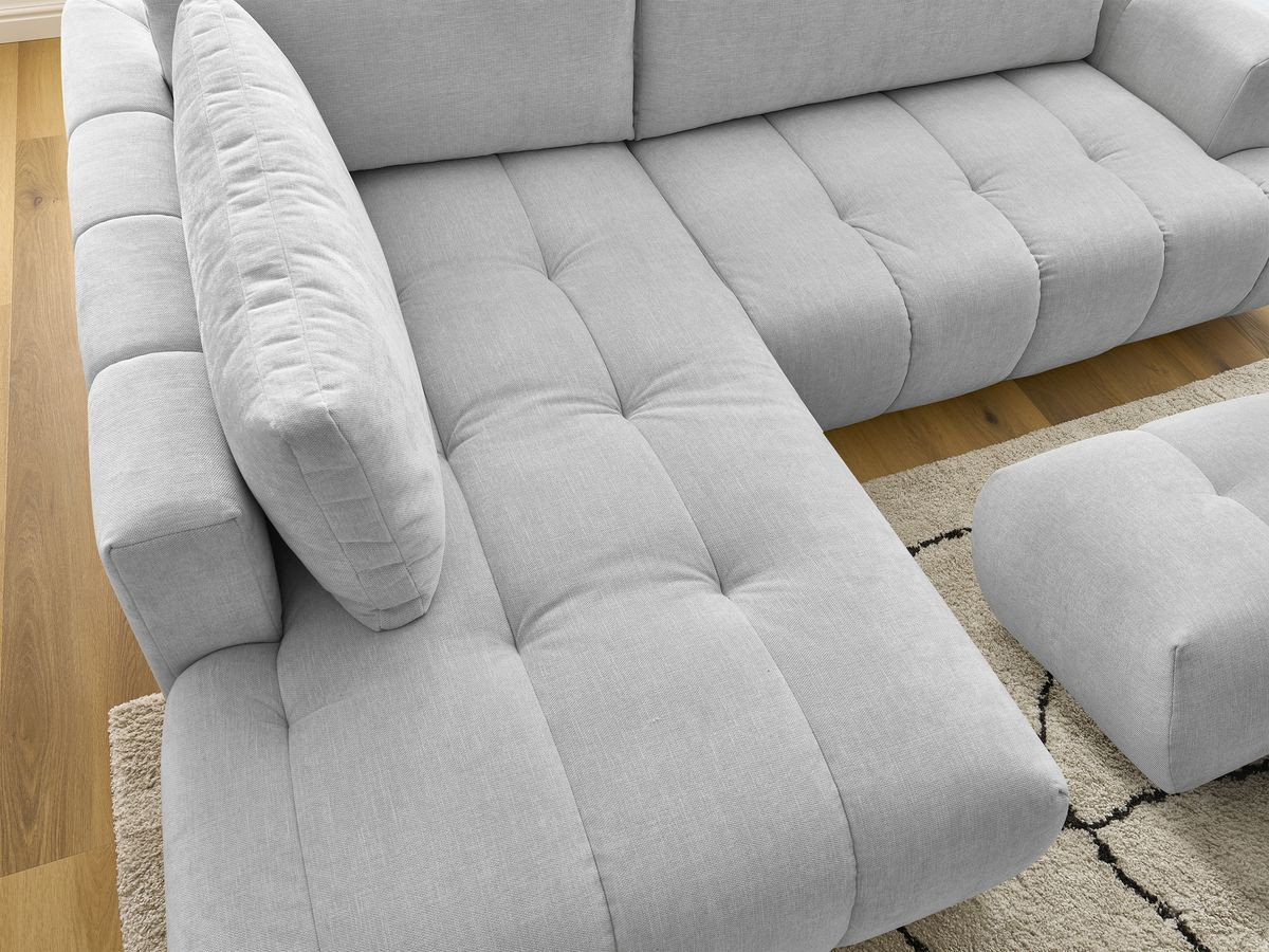 Canapé d'angle L convertible FUJI tissu lisse avec pouf
