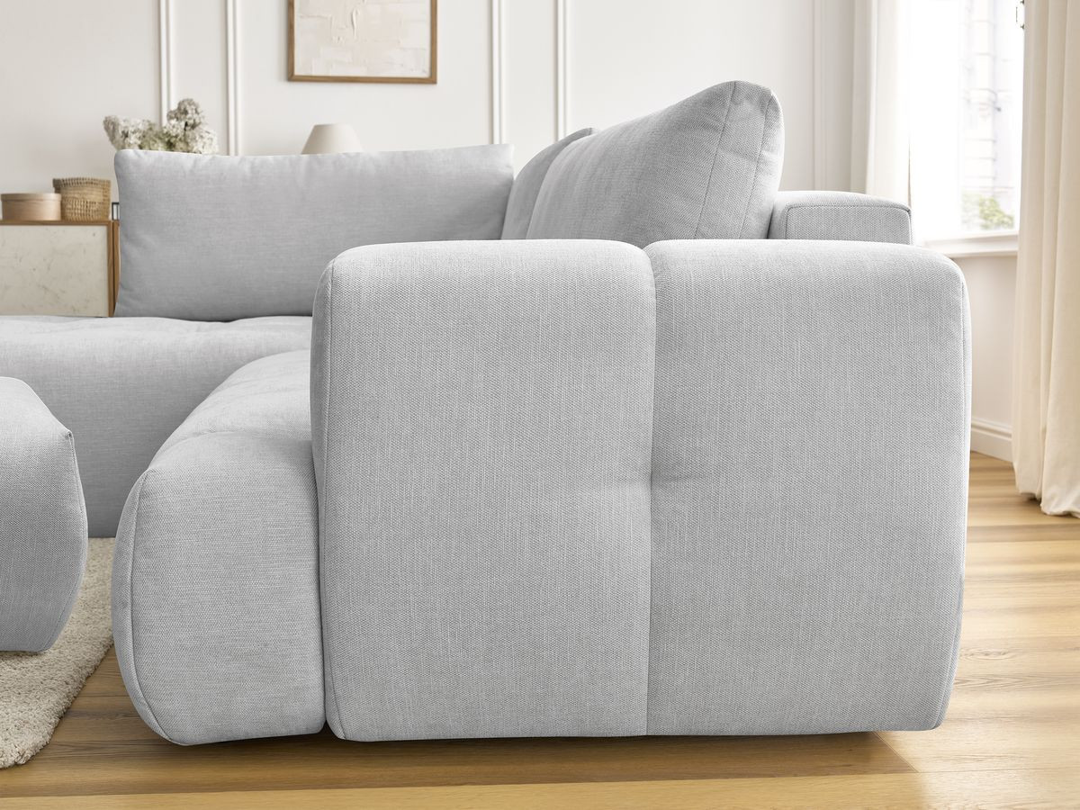 Canapé d'angle L convertible FUJI tissu lisse avec pouf