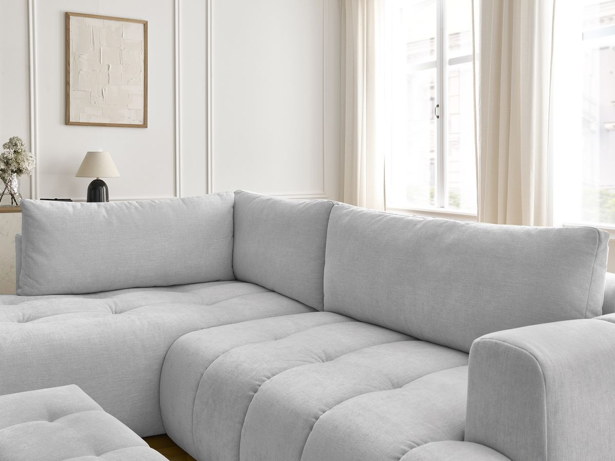 Canapé d'angle L convertible FUJI tissu lisse avec pouf