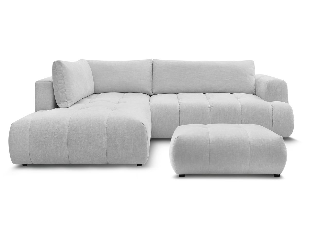 Canapé d'angle L convertible FUJI tissu lisse avec pouf