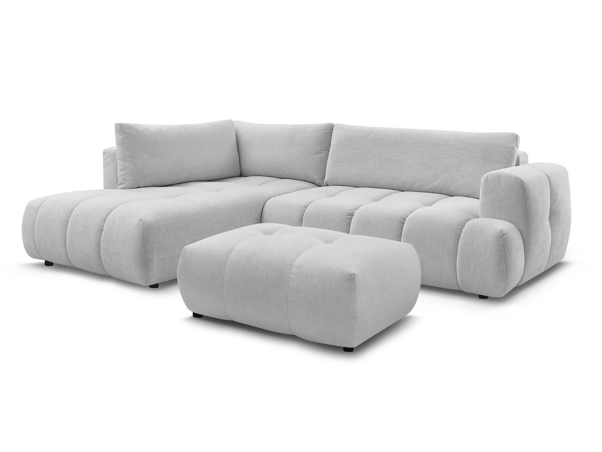 canapé d'angle l convertible fuji tissu lisse avec pouf de couleur gris clair