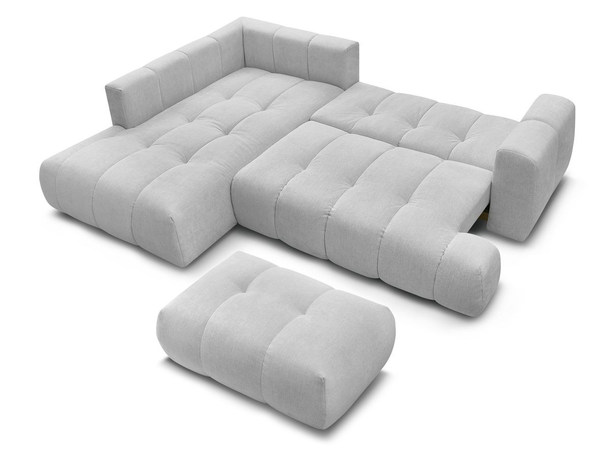 Canapé d'angle L convertible FUJI tissu lisse avec pouf