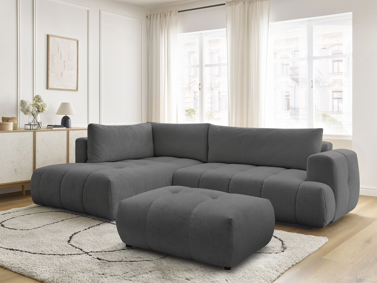 Canapé d'angle L convertible FUJI tissu lisse avec pouf
