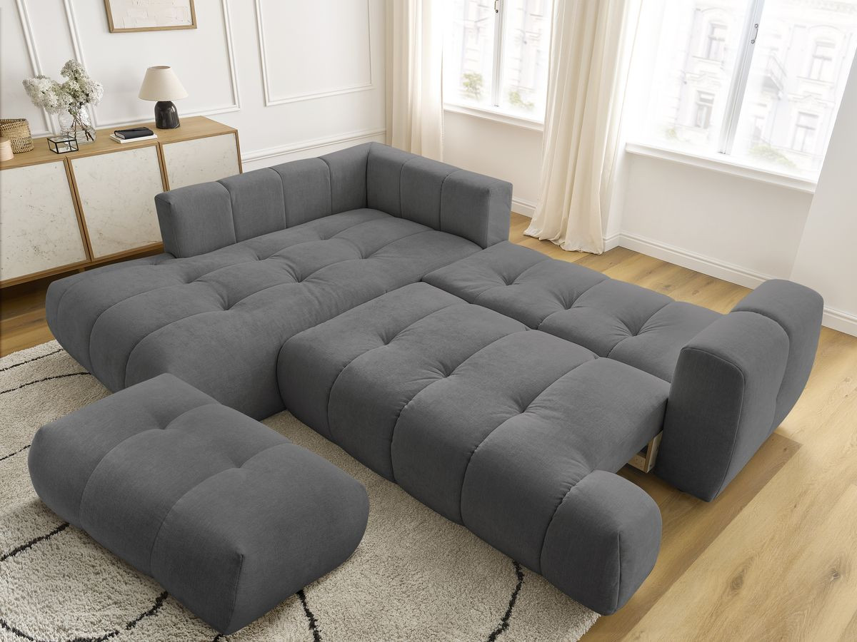 Canapé d'angle L convertible FUJI tissu lisse avec pouf
