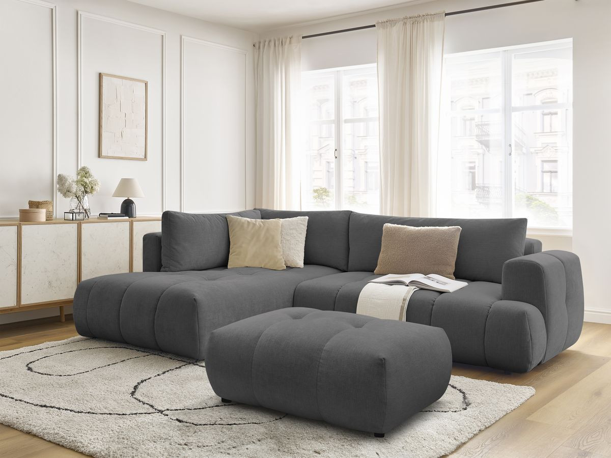 Canapé d'angle L convertible FUJI tissu lisse avec pouf