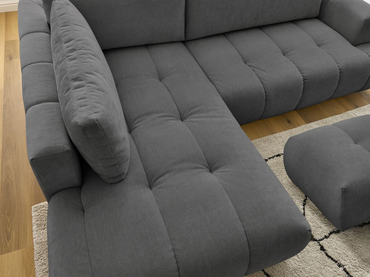 Canapé d'angle L convertible FUJI tissu lisse avec pouf