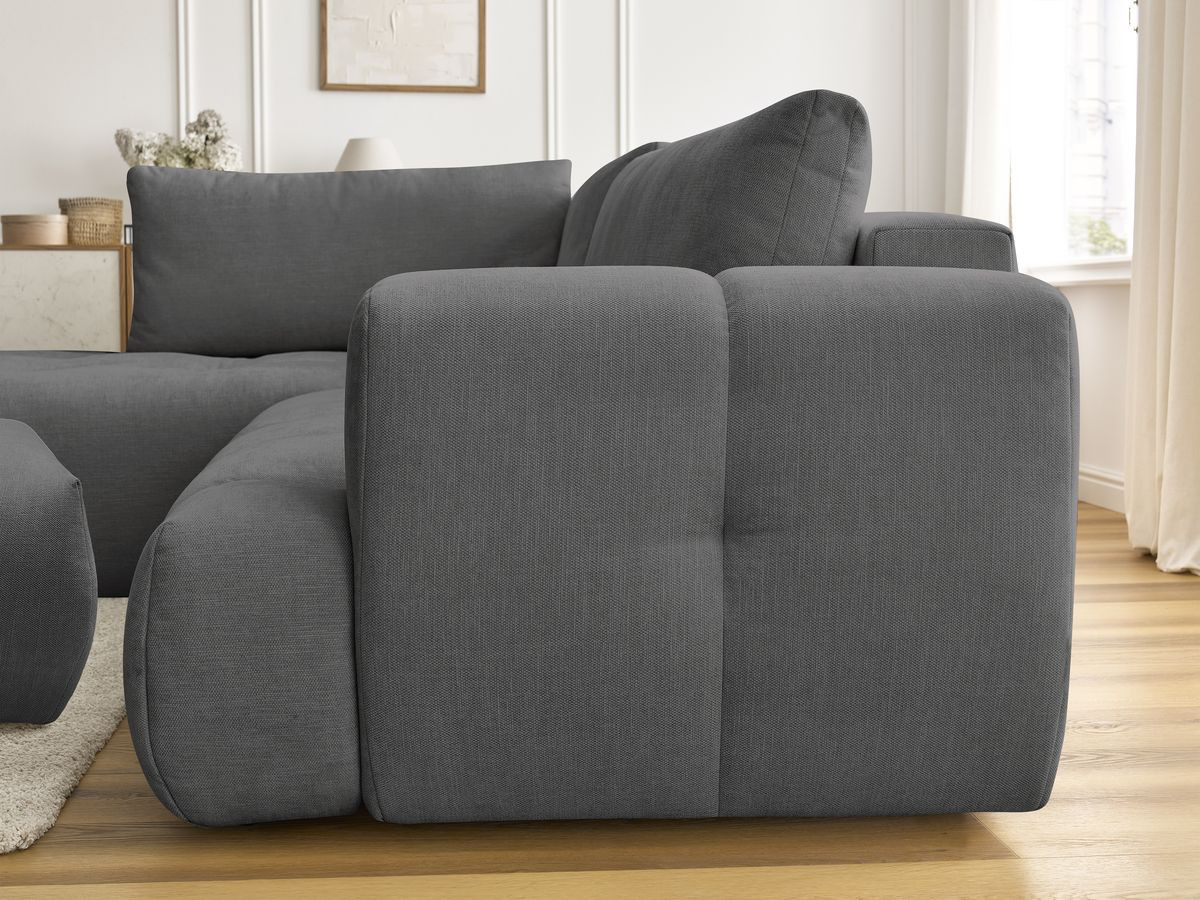 Canapé d'angle L convertible FUJI tissu lisse avec pouf