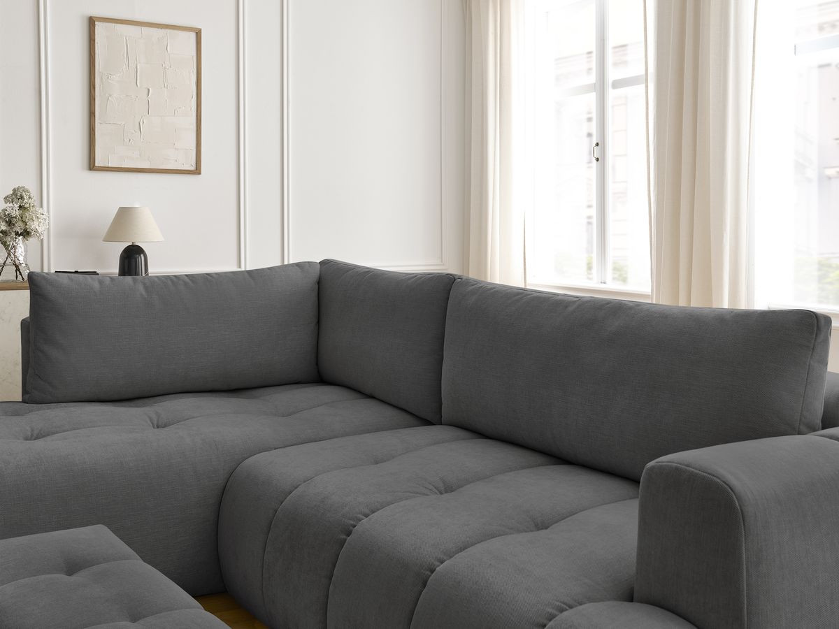 Canapé d'angle L convertible FUJI tissu lisse avec pouf