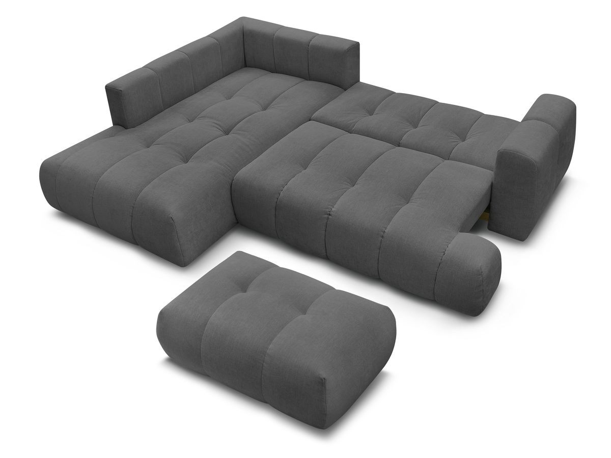 Canapé d'angle L convertible FUJI tissu lisse avec pouf