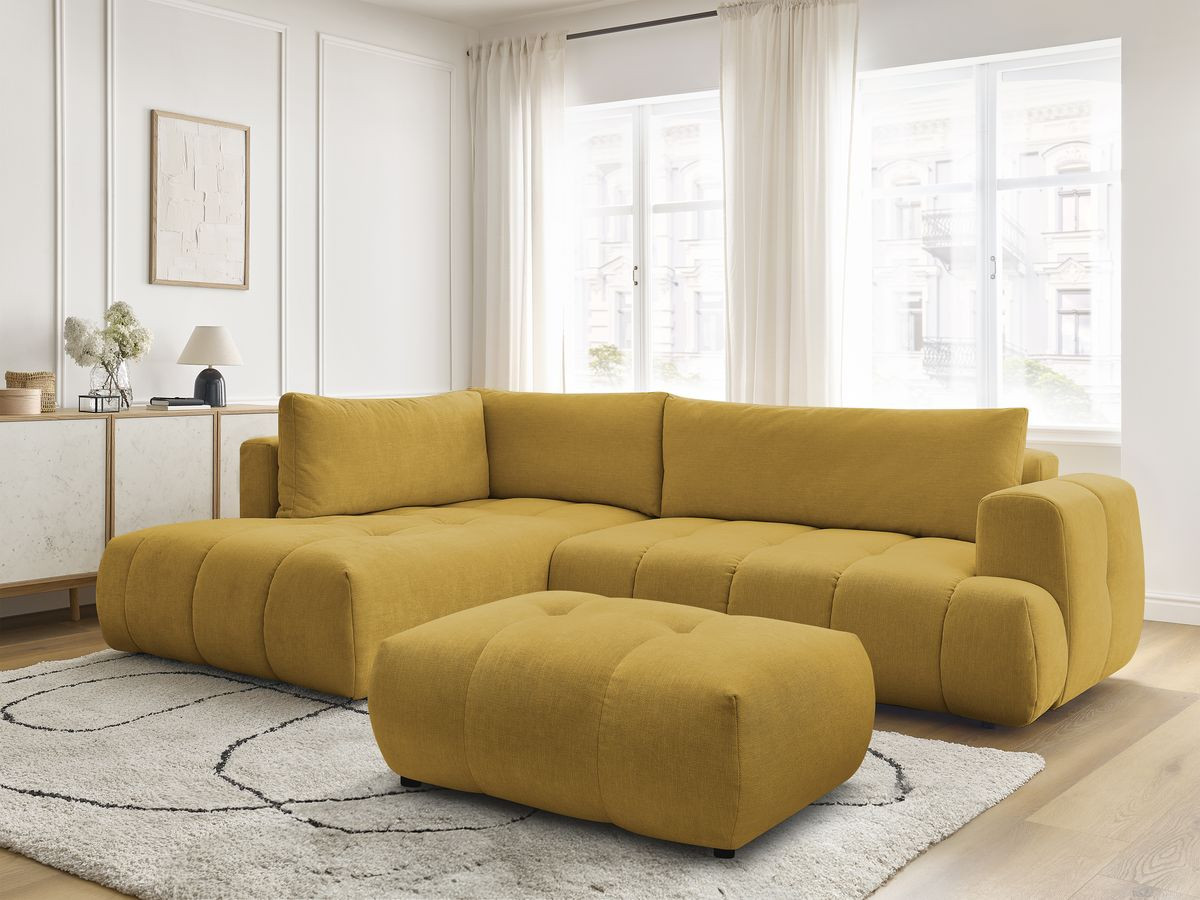 Canapé d'angle L convertible FUJI tissu lisse avec pouf