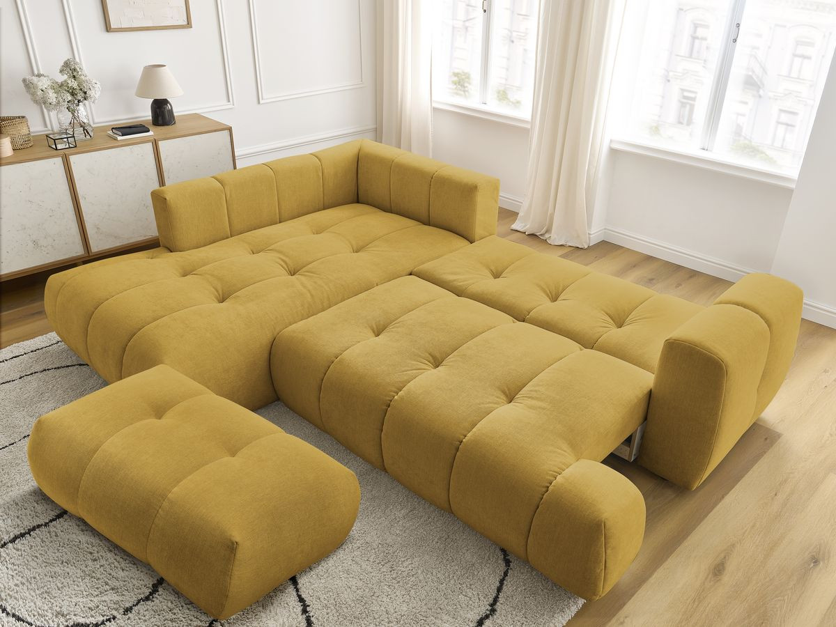 Canapé d'angle L convertible FUJI tissu lisse avec pouf