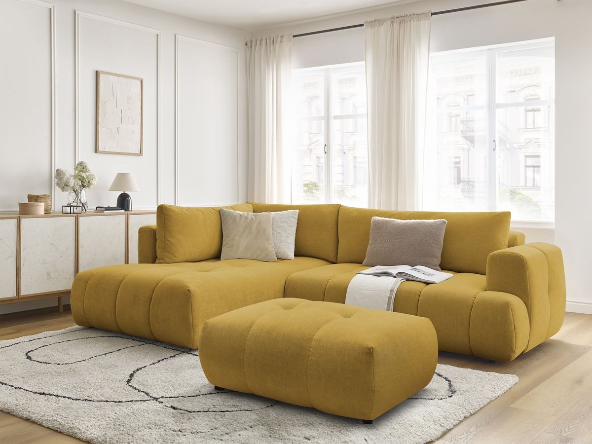Canapé d'angle L convertible FUJI tissu lisse avec pouf